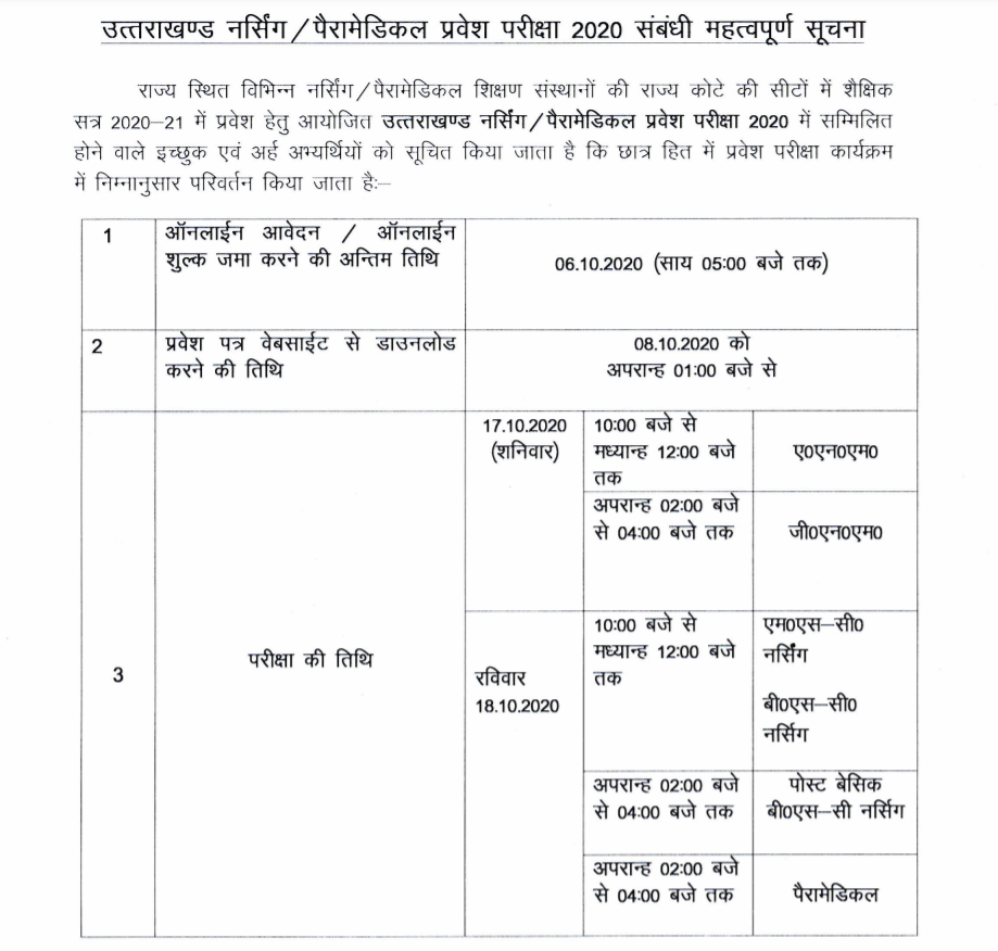 Uttarakhand Nursing Entrance Exam 2020 notification